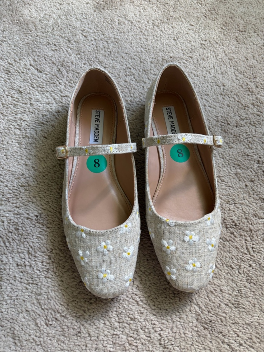 Steve Madden Women’s Boden Tan Linen Embroidered Daisy Mary Jane Flats Size 8